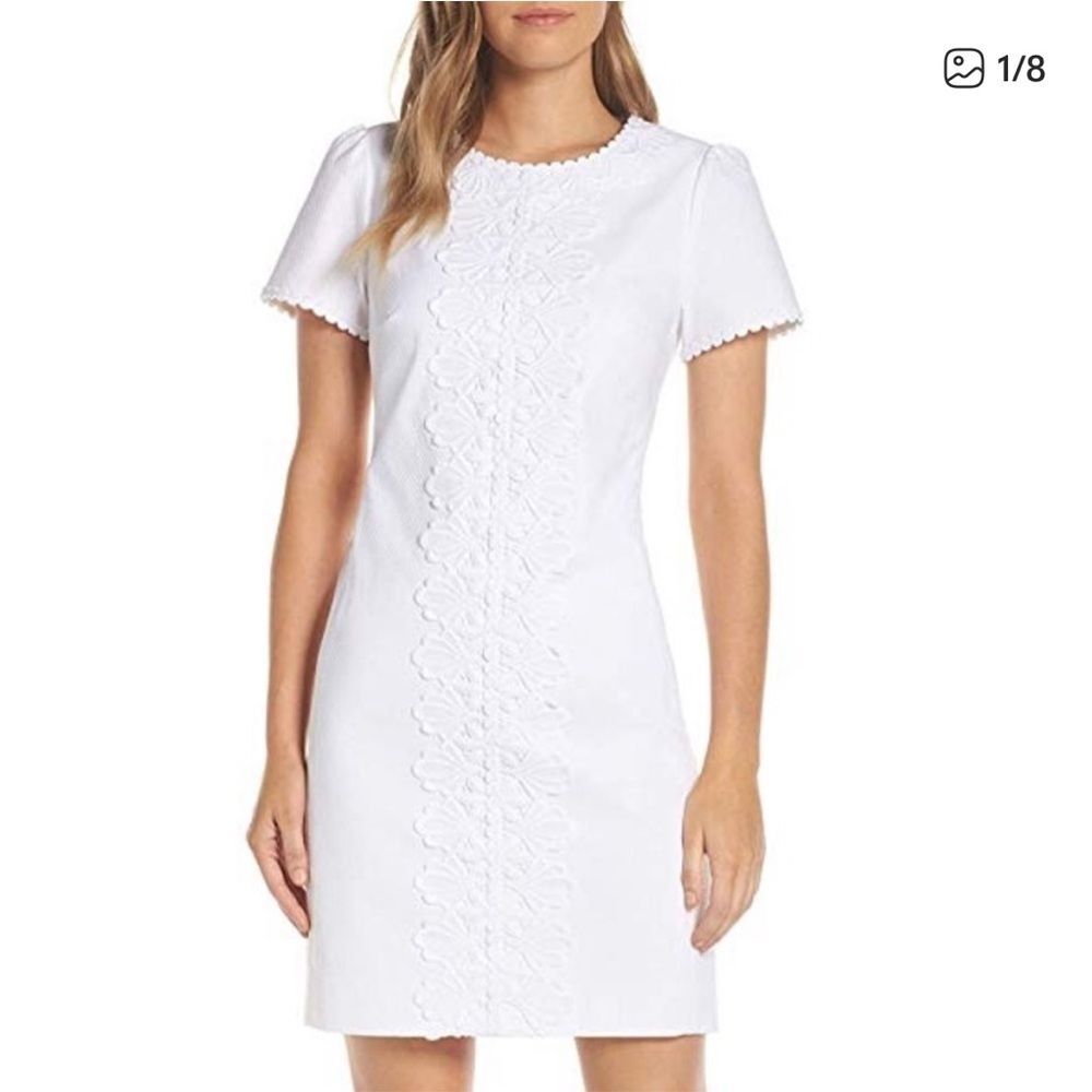 LILLY PULITZER Maise Stretch Shift Dress White Appliqué Short Sleeve Dress